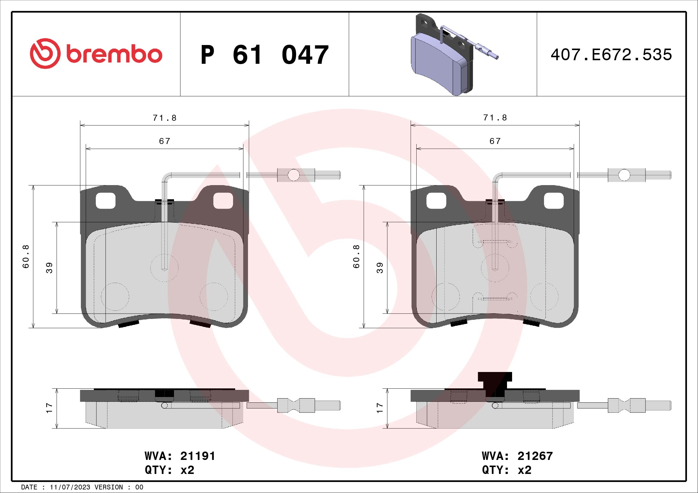 A.B.S. P 61 047 BREMBO Bremsbelagsatz, Scheibenbremse